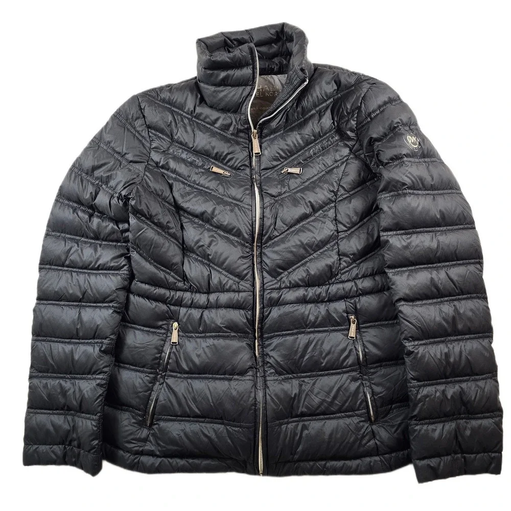 Michael Kors Puffer Jacket Womens Small Black Down Packable Chevron Quilted